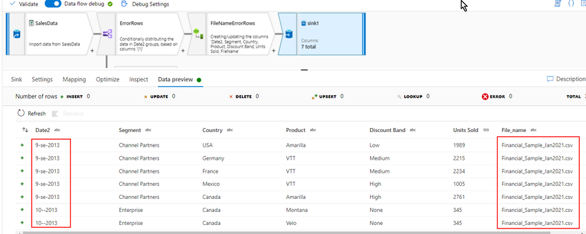 Filter real-time error rows from CSV to SQL Database Table in Azure Data Factory